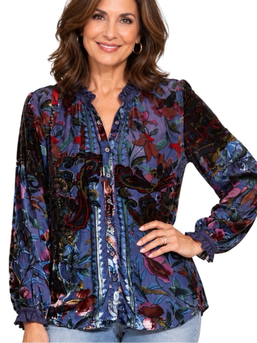 Johnny Was Clara Burnout Leda Shirt Embroidered Velvet blouse NWT